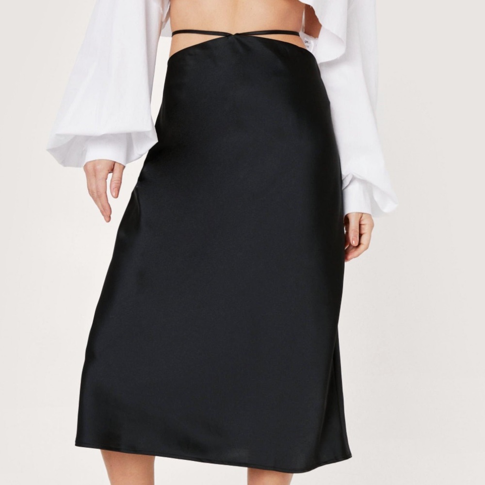 Strappy Cut Out Satin Midi Skirt